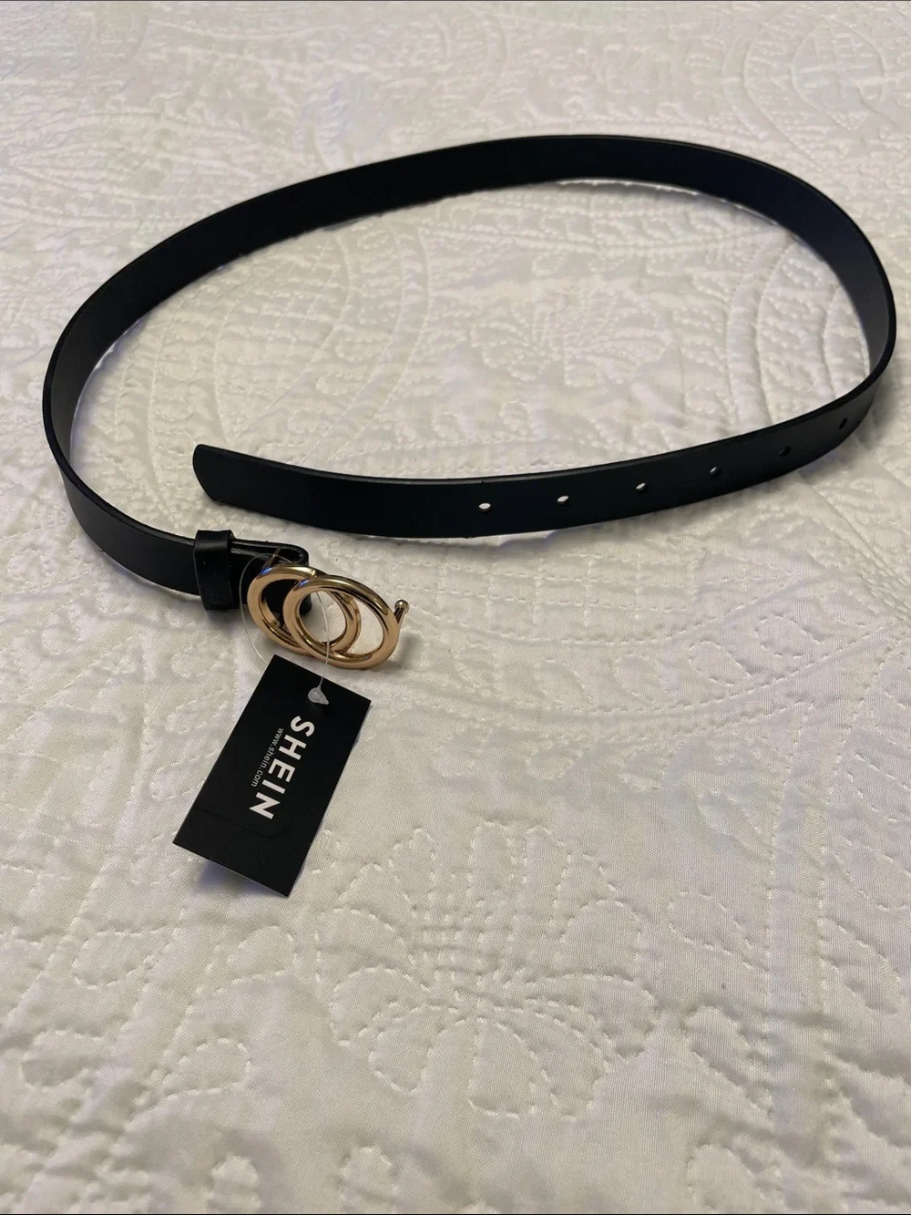 NWT SHEIN Black Faux Leather Belt with Gold Tone Buckle